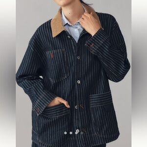 Anthropologie Pinstriped Utility Jacket with Brown Collar